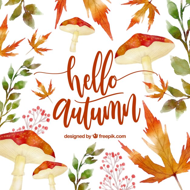 Hello autumn, background with leaves and mushrooms