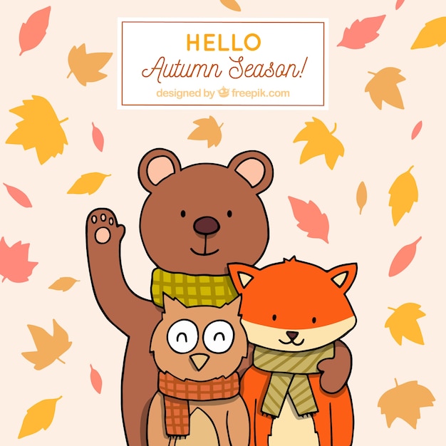 Free vector hello autumn background with lovely animals