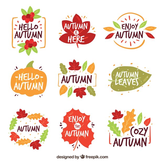 Hello autumn badge collection with leaves