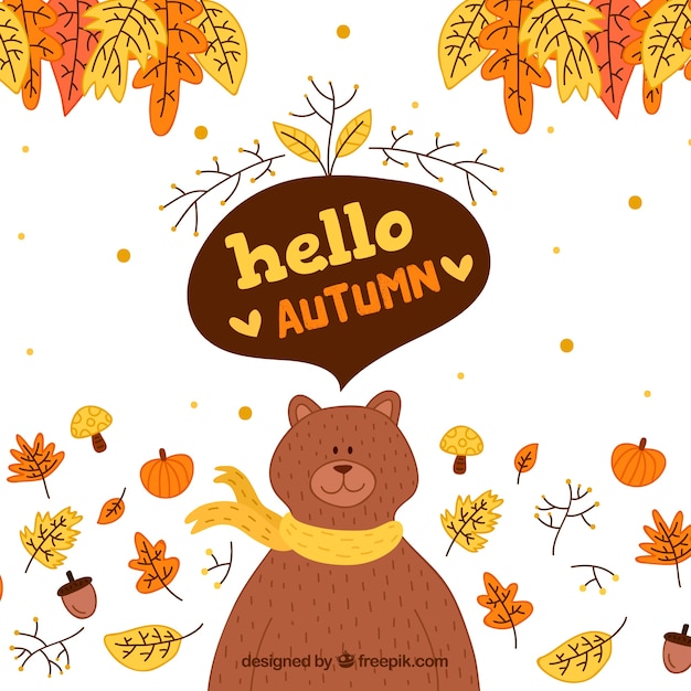 Free vector hello autumn lettering background with cute bear