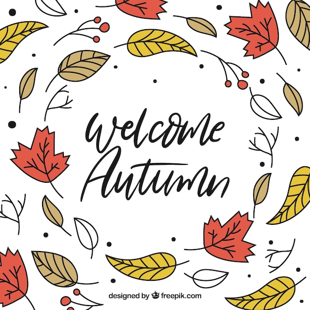 Hello autumn lettering background with leaves