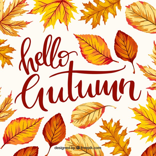 Hello autumn lettering background with leaves