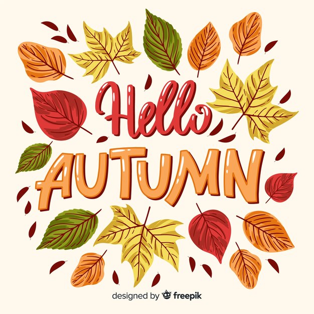 Hello autumn lettering background with leaves