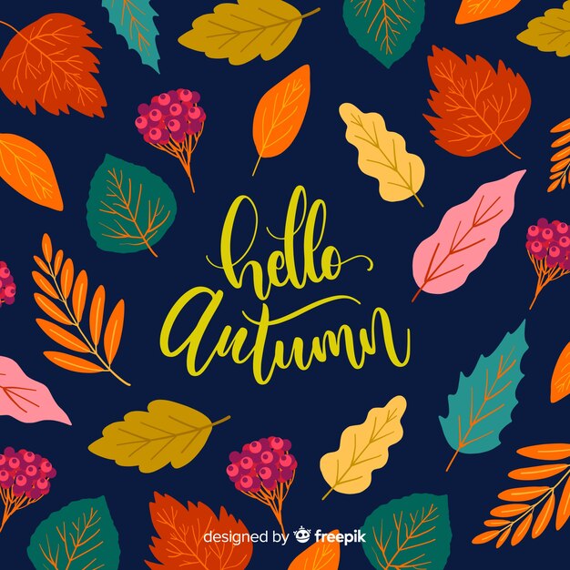 Hello autumn lettering background with leaves