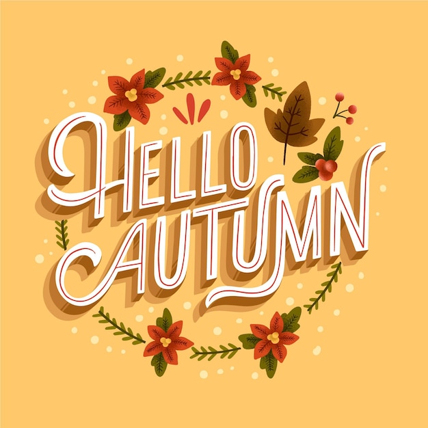 Hello autumn lettering with drawn leaves and flowers