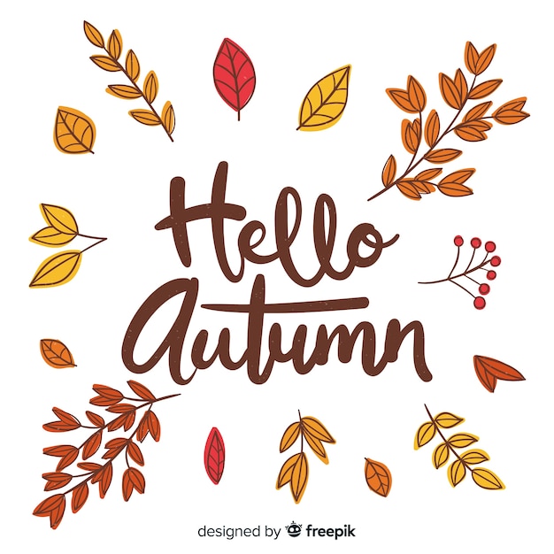 Hello autumn lettering with leaves