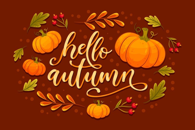 Hello autumn lettering with pumpkins