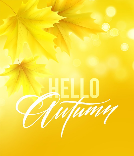 Hello autumn poster with lettering and yellow autumn maple leaves