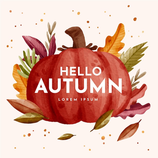 Hello autumn text on watercolor illustration