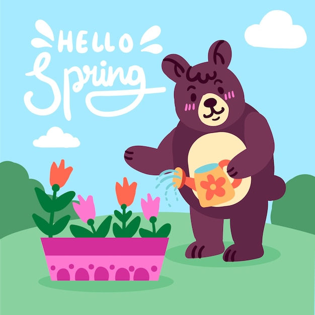 Hello spring background with bear