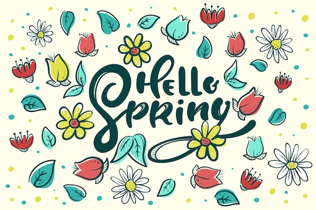 Hello spring calligraphy with flowers and petals