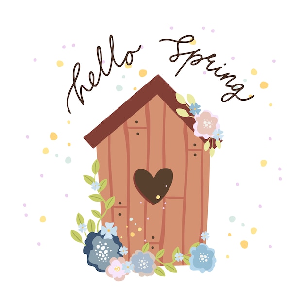 Free vector hello spring greeting card, birdhouse with a heart