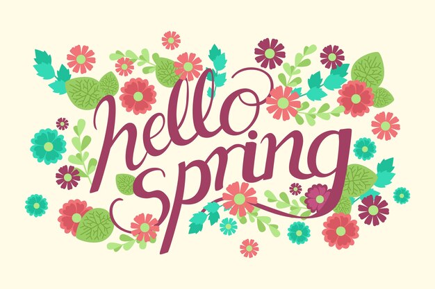 Hello spring lettering concept with flowers