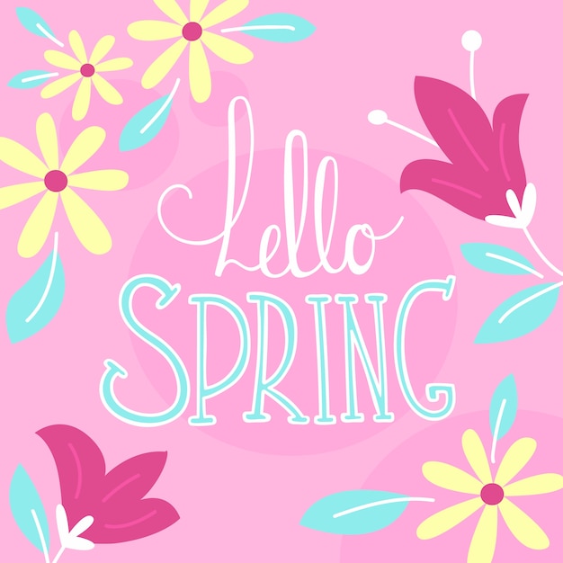 Hello spring lettering concept with flowers