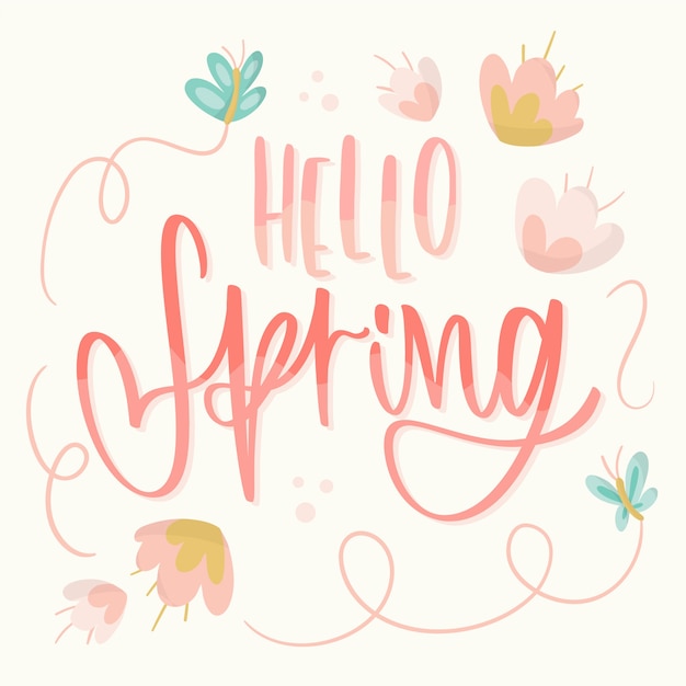 Hello spring lettering with butterflies and flowers