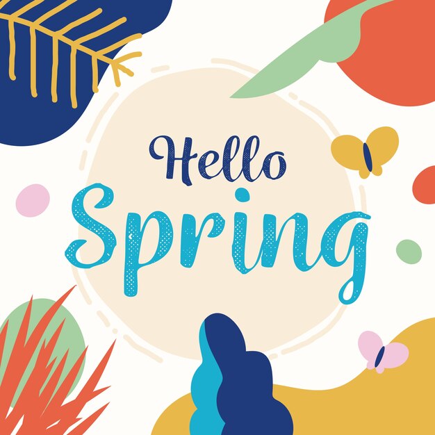 Hello spring lettering with drawn colorful elements