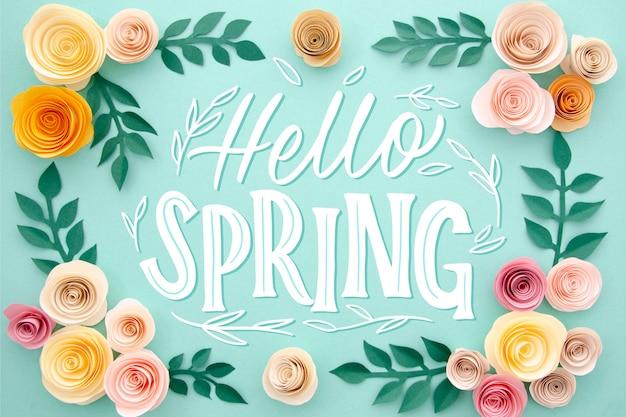 Hello spring lettering with floral frame