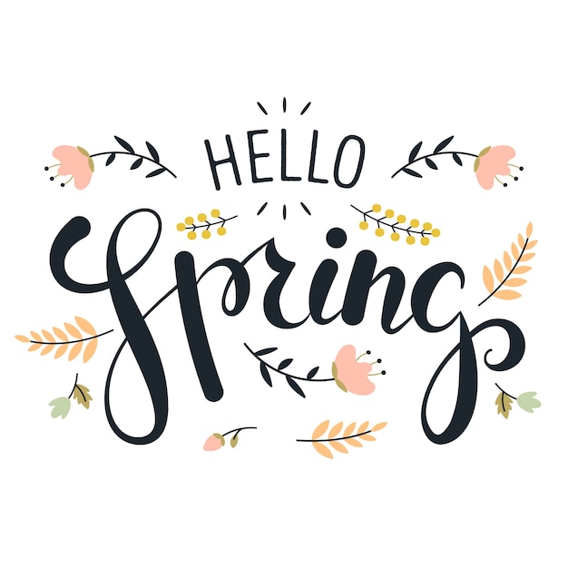 Free Vector hello spring lettering with minimalist leaves