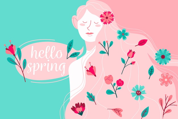 Free vector hello spring with woman and flowers