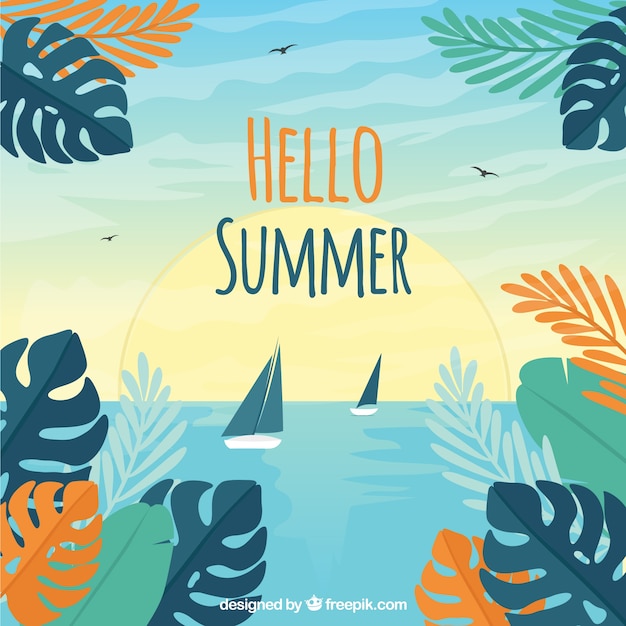 Hello summer background with colorful plants and flowers