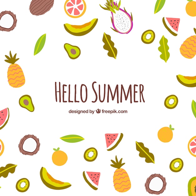 Hello summer background with delicious and fresh fruits