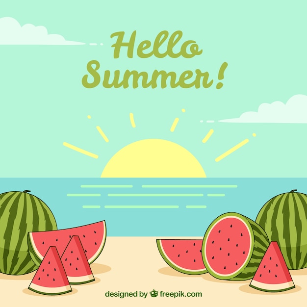 Hello summer background with delicious and fresh watermelons