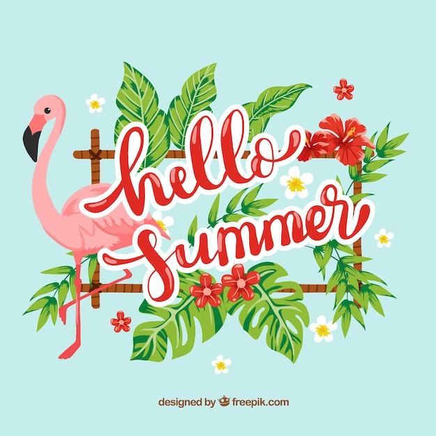 Free Vector hello summer background with flamingo and colorful plants 