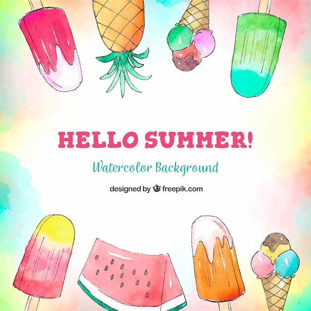 Free Vector hello summer background with ice creams and fruits in watercolor style