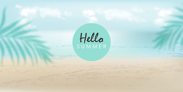 Free Vector hello summer banner with beach, sea and palm leaves. cloudy day with breeze