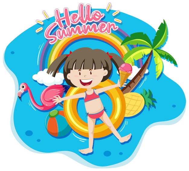 Hello summer banner with a girl laying on swimming ring isolated