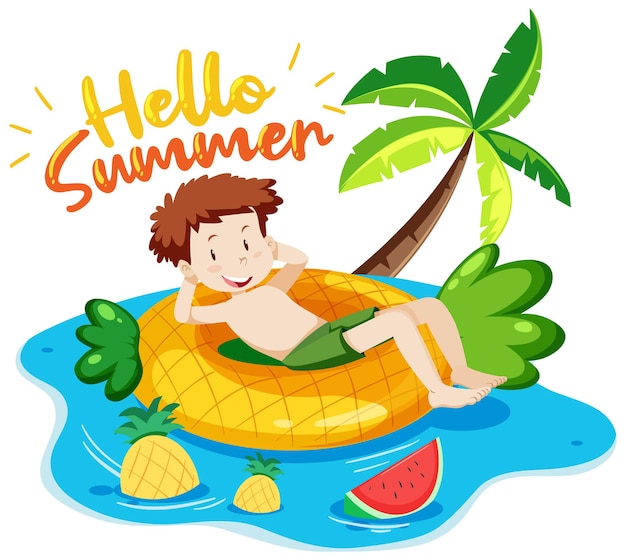 Free Vector hello summer banner with a happy man laying on swimming ring isolated