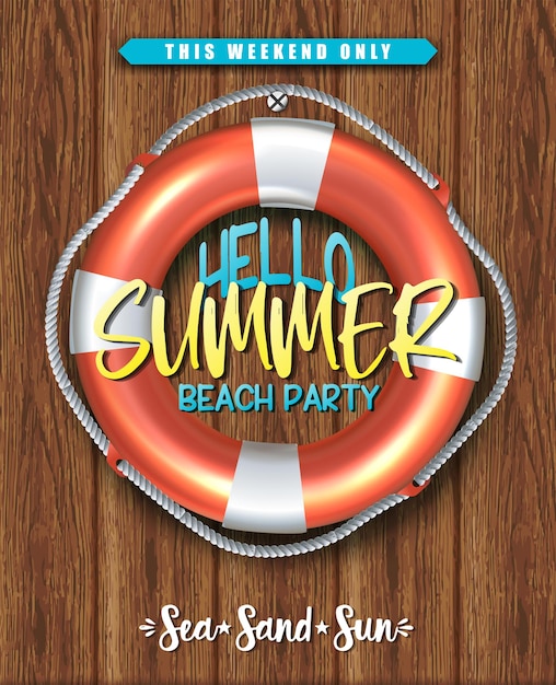 Free Vector hello summer, beach party poster with life circle on the wooden wall