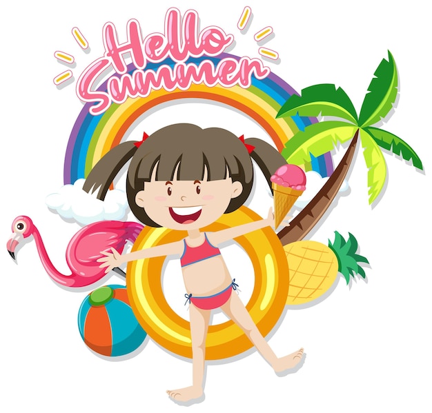 Hello Summer font with a girl and beach items isolated