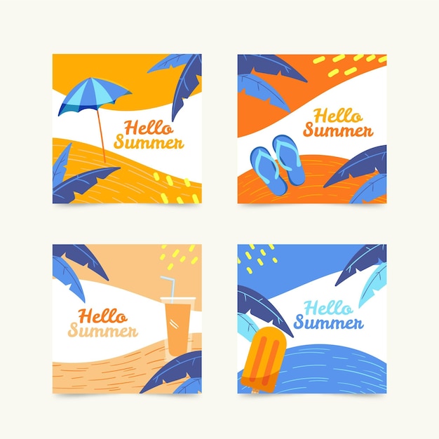 Free vector hello summer instagram post collection