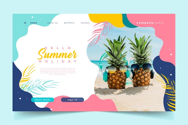 Hello summer landing page pineapples with glasses