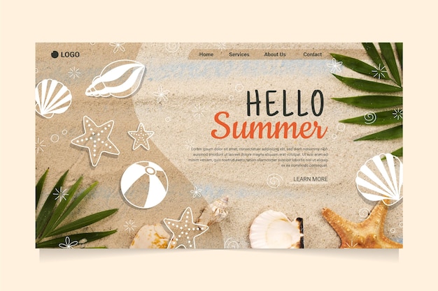 Free Vector hello summer landing page with beach and seashells