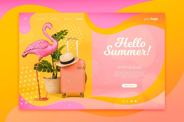 Hello summer landing page with flamingo and luggage