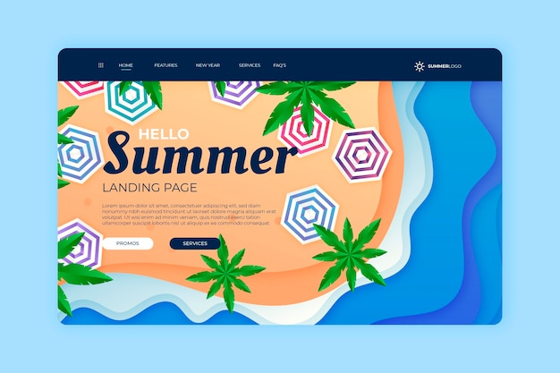 Free vector hello summer landing page with palm trees and umbrellas