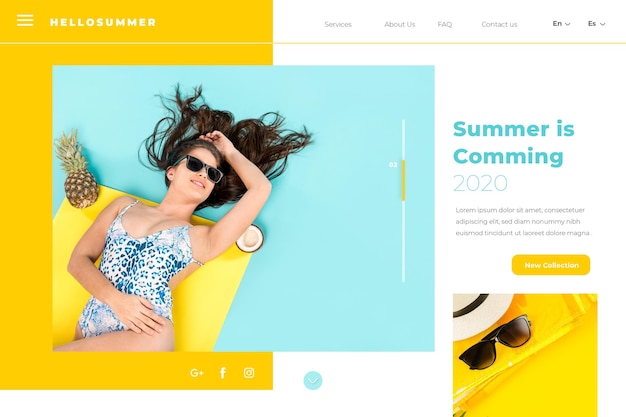 Hello summer landing page with woman at the pool