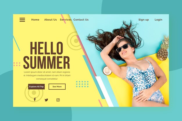 Hello summer landing page with woman on water