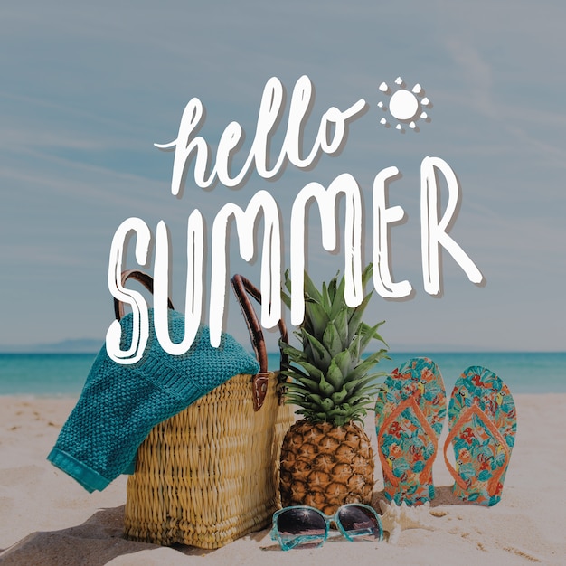 Hello summer lettering pineapple and slippers