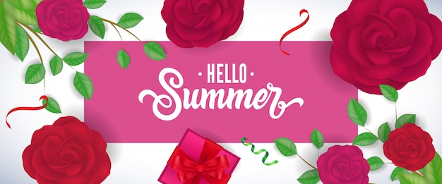 Hello summer lettering in purple frame with roses, gift box and twigs on white background