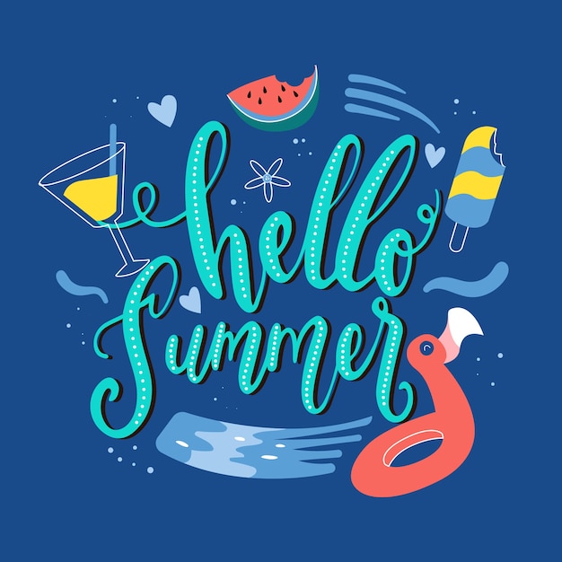 Free vector hello summer lettering with floaties and ice cream