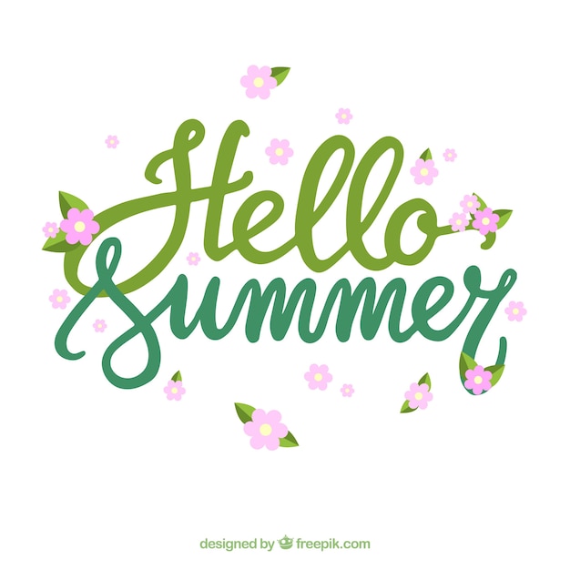 Hello summer lettering with flowers in hand drawn style