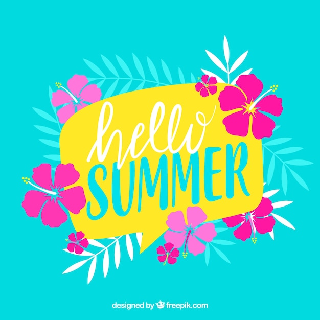 Hello summer lettering with flowers in hand drawn style