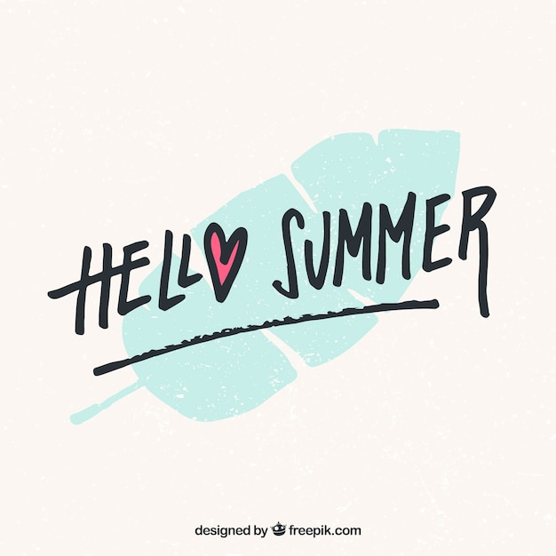 Free Vector hello summer lettering with leave in hand drawn style