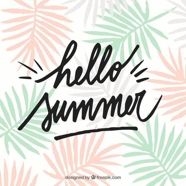 Hello summer lettering with plants in hand drawn style