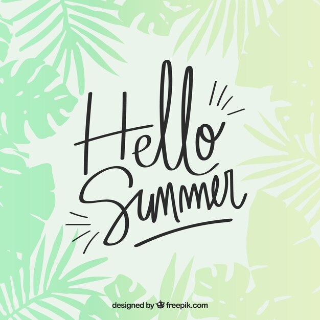 Hello summer lettering with plants in hand drawn style