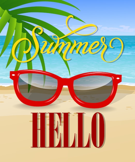 Hello summer lettering with sea beach and sunglasses