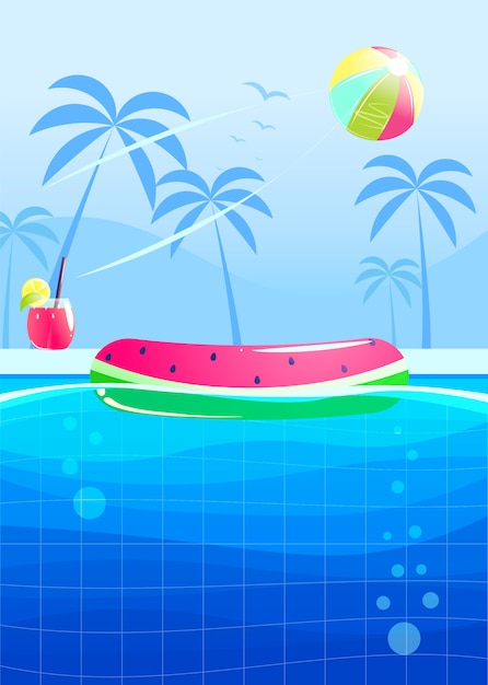 Hello summer party banner design. Swimming pool in the aquapark.